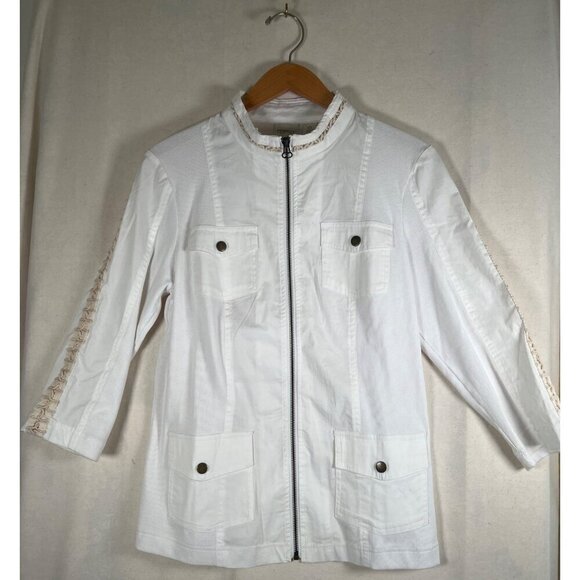 Zenergy Womens Size 0 White Zipper Jacket Top Knit insert Lace Embroidered Trim - Picture 2 of 12